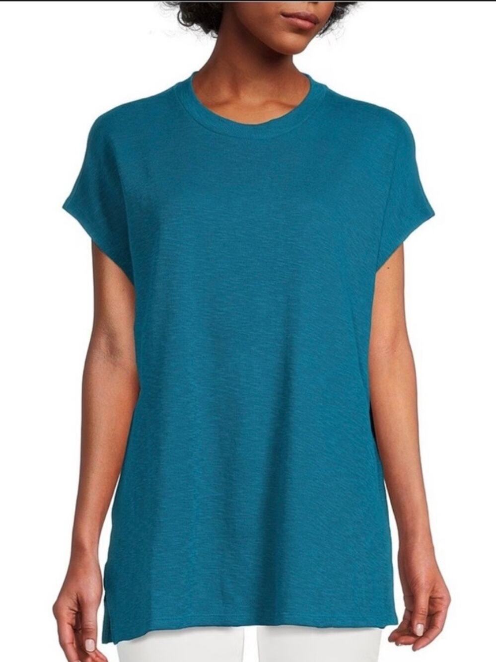 Eileen Fisher Organic Cotton Slubby Rib Knit Short Sleeve Boxy Tunic Jewel M